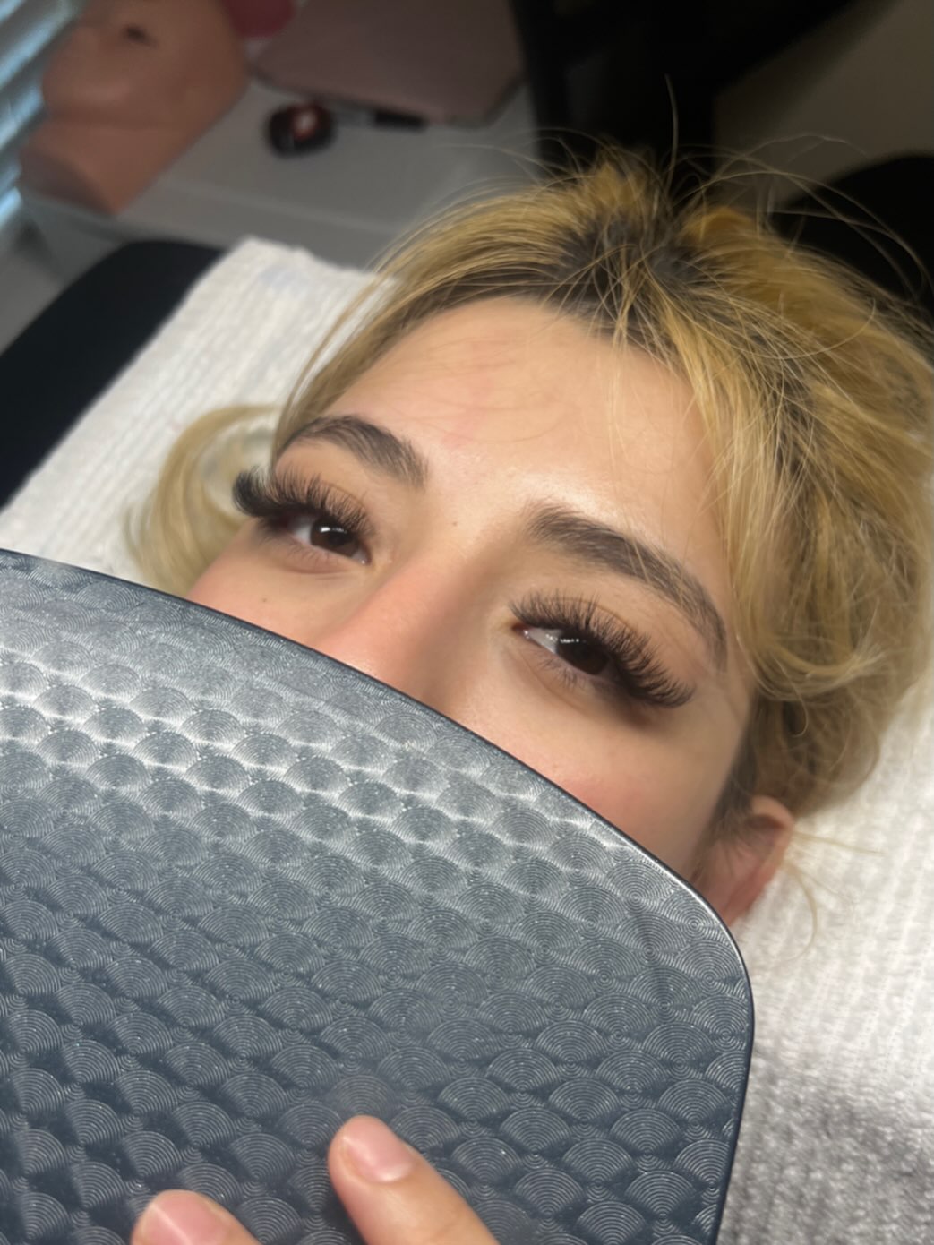 A close-up of a full, textured lash set by Mia